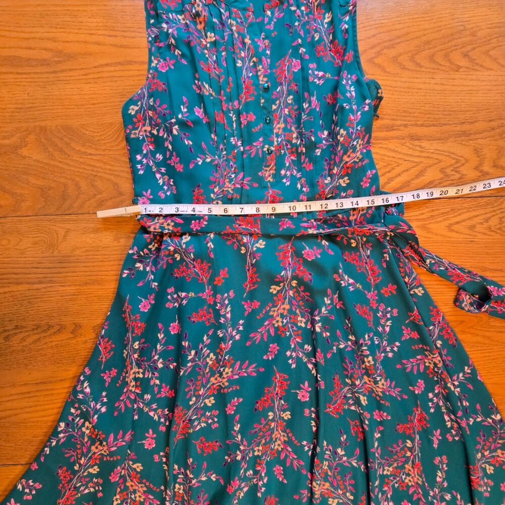 Nanette Lepore Teal Floral Sleeveless Pintuck Button Up A Line Dress Size 6 - Picture 10 of 13